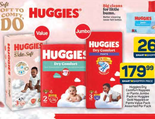 Huggies Dry Comfort Nappies or Pants Jumbo Pack or Huggies Gold Nappies or Pants Value Pack Assorted Per Pack