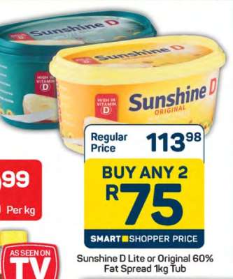 Sunshine D Lite or Original 60% Fat Spread 1kg Tub