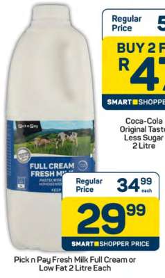 Pick n Pay Fresh Milk Full Cream or Low Fat 2 Litre Each