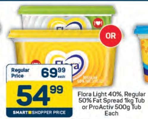 Flora Light 40%, Regular 50% Fat Spread 1kg Tub or ProActiv 500g Tub