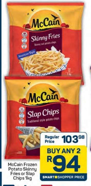 McCain Frozen Potato Skinny Fries or Slap Chips 1kg