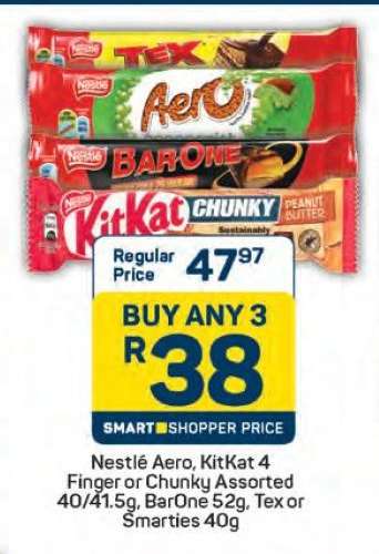 Nestlé Aero, KitKat 4 Finger or Chunky Assorted, BarOne, Tex or Smarties