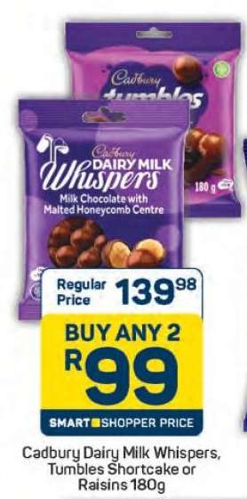 Cadbury Dairy Milk Whispers, Tumbles Shortcake or Raisins 180g