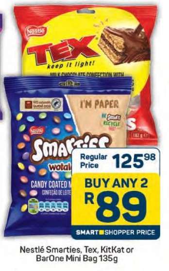 Nestlé Smarties, Tex, KitKat or BarOne Mini Bag 135g