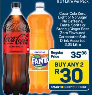 Coca-Cola Zero, Light or No Sugar No Caffeine, Fanta, Sprite or Stoney Ginger Beer Zero Flavoured Carbonated Soft Drink Assorted