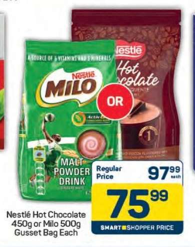 Nestlé Hot Chocolate 450g or Milo 500g Gusset Bag Each