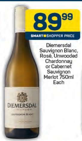 Diemersdal Sauvignon Blanc, Rosé, Unwooded Chardonnay or Cabernet Sauvignon Merlot 750ml