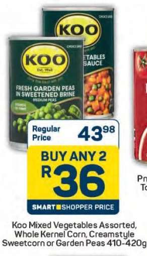 Koo Mixed Vegetables Assorted, Whole Kernel Corn, Creamstyle Sweetcorn or Garden Peas 410-420g