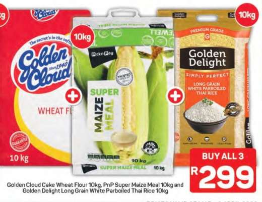 Golden Cloud Cake Wheat Flour 10kg, PnP Super Maize Meal 10kg and Golden Delight Long Grain White Parboiled Thai Rice 10kg