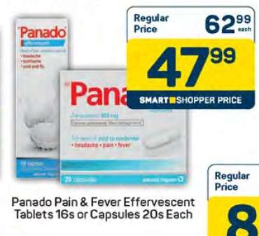 Panado Pain & Fever Effervescent Tablets 16s or Capsules 20s Each