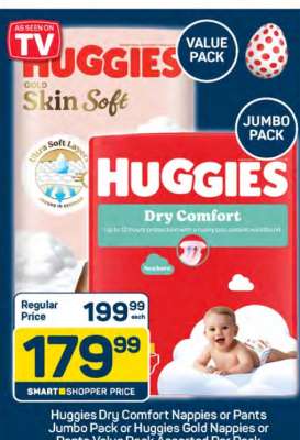 Huggies Dry Comfort Nappies or Pants Jumbo Pack or Huggies Gold Nappies or Pants Value Pack