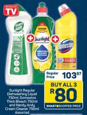 Sunlight Regular Dishwashing Liquid 750ml, Domestos Thick Bleach 750ml and Handy Andy Cream Cleaner 750ml Assorted