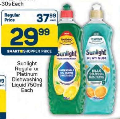 Sunlight Regular or Platinum Dishwashing Liquid 750ml