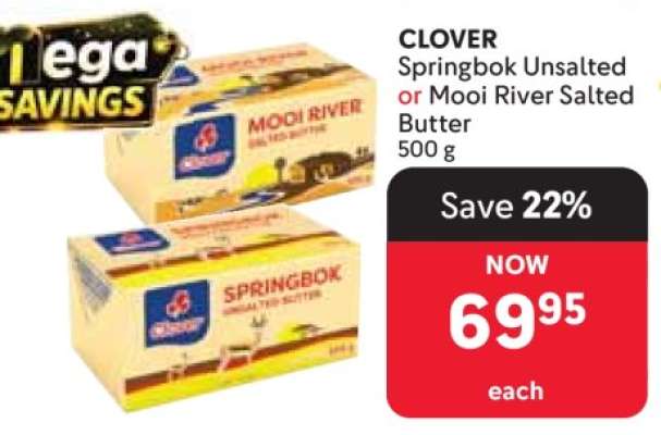CLOVER Springbok Unsalted or Mooi River Salted Butter
