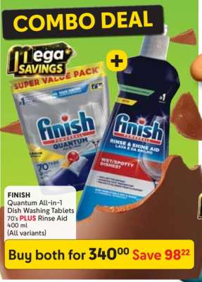 Finish Quantum All-in-1 Dish Washing Tablets 70's PLUS Rinse Aid 400 ml