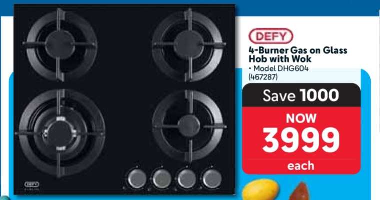 DEFY 4-Burner Gas on Glass Hob with Wok