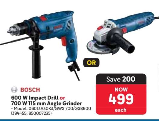 BOSCH 600 W Impact Drill or 700 W 115 mm Angle Grinder