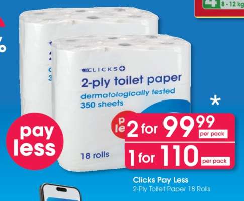 Clicks Pay Less 2-Ply Toilet Paper 18 Rolls