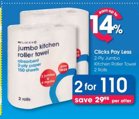 Clicks Pay Less 2-Ply Jumbo Kitchen Roller Towel 2 Rolls