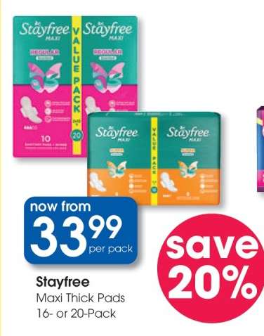 Stayfree Maxi Thick Pads 16- or 20-Pack