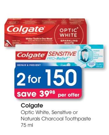 Colgate Optic White, Sensitive or Naturals Charcoal Toothpaste 75 ml