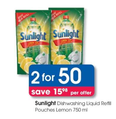 Sunlight Dishwashing Liquid Refill Pouches Lemon 750 ml
