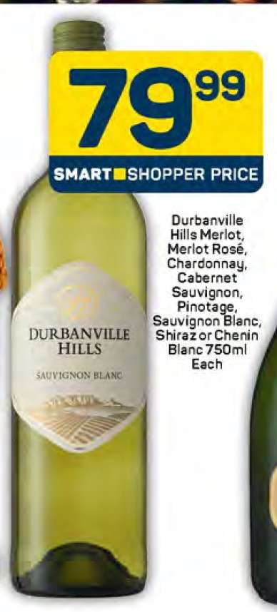 Durbanville Hills Merlot, Merlot Rosé, Chardonnay, Cabernet Sauvignon, Pinotage, Sauvignon Blanc, Shiraz or Chenin Blanc 750ml Each