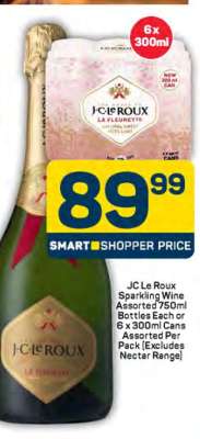 JC Le Roux Sparkling Wine Assorted 750ml Bottles Each or 6 x 300ml Cans Assorted Per Pack (Excludes Nectar Range)