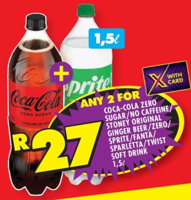 Coca-Cola Zero Sugar/No Caffeine, Stoney Original Ginger Beer/Zero, Sprite/Fanta/Sparletta/Twist Soft Drink