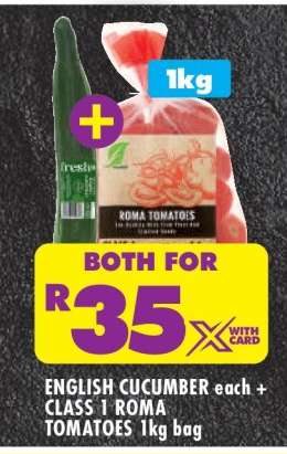 English Cucumber each + Class 1 Roma Tomatoes 1kg bag