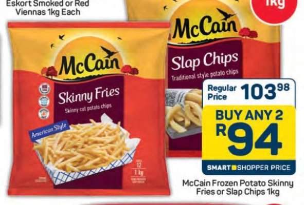 McCain Frozen Potato Skinny Fries or Slap Chips 1kg