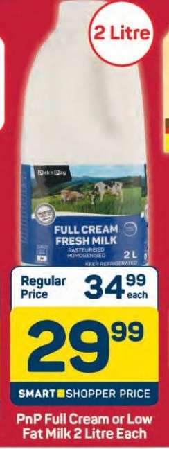 PnP Full Cream or Low Fat Milk 2 Litre Each
