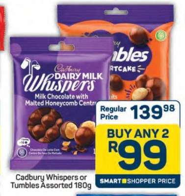 Cadbury Whispers or Tumbles Assorted 180g