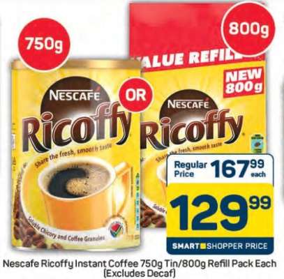 Nescafe Ricoffy Instant Coffee 750g Tin/800g Refill Pack