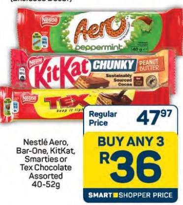 Nestlé Aero, Bar-One, KitKat, Smarties or Tex Chocolate Assorted