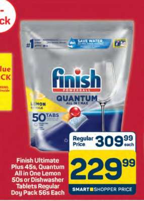 Finish Ultimate Plus 45s, Quantum All in One Lemon 50s or Dishwasher Tablets Regular Doy Pack 56s
