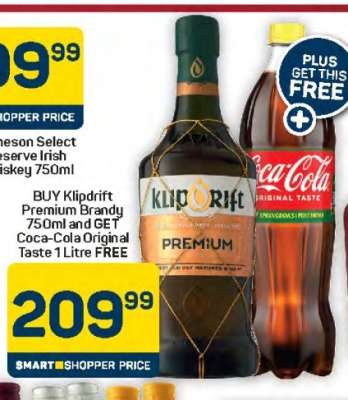 Klipdrift Premium Brandy 750ml + Coca-Cola Original Taste 1L