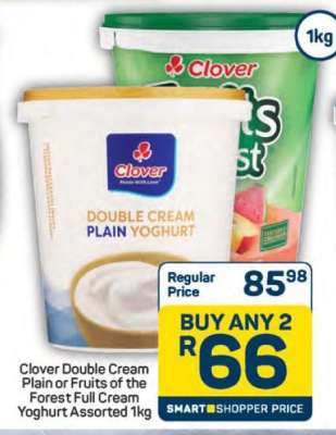 Clover Double Cream Plain or Fruits of the Forest Full Cream Yoghurt Assorted 1kg