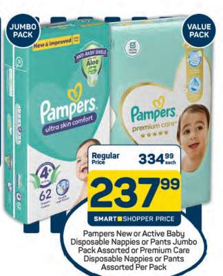 Pampers New or Active Baby Disposable Nappies or Pants Jumbo Pack Assorted or Premium Care Disposable Nappies or Pants Assorted Per Pack