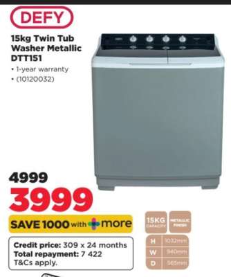Defy 15Kg Twin Tub Washer Metallic DTT151