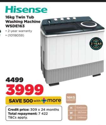 Hisense 16kg Twin Tub Washing Machine WSDE163