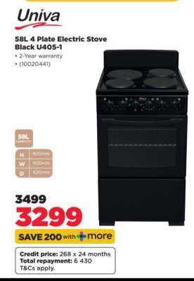 Univa 58L 4 Plate Electric Stove Black U405-1