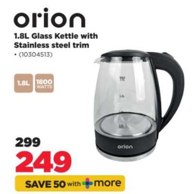 orion 1.8L Glass Kettle with Stainless steel trim