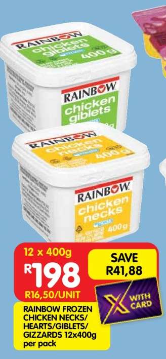 RAINBOW FROZEN CHICKEN NECKS/HEARTS/GIBLETS/GIZZARDS 12x400g