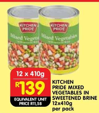 KITCHEN PRIDE MIXED VEGETABLES IN SWEETENED BRINE 12x410g