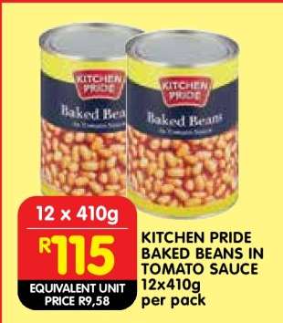 KITCHEN PRIDE BAKED BEANS IN TOMATO SAUCE 12x410g per pack