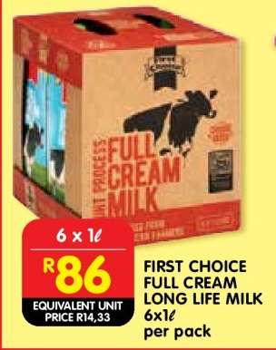 FIRST CHOICE FULL CREAM LONG LIFE MILK 6x1ℓ
