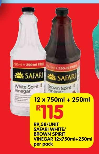 SAFARI WHITE/BROWN SPIRIT VINEGAR 12x750ml+250ml per pack