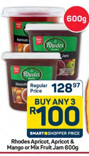 Rhodes Apricot, Apricot & Mango or Mix Fruit Jam 600g