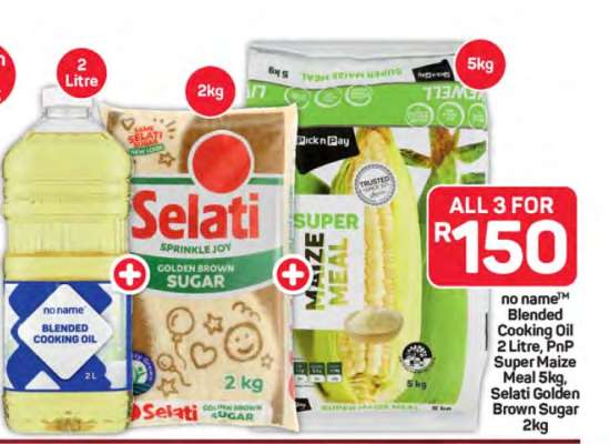 no name Blended Cooking Oil 2 Litre, PnP Super Maize Meal 5kg, Selati Golden Brown Sugar 2kg